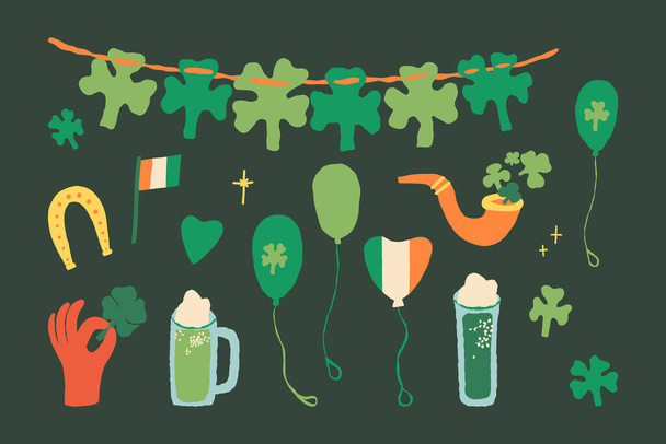 Saint Patricks Day, ensemble de vecteurs autocollants St Patty. Symboles de chance, bière verte, trèfle à quatre feuilles à la main, pipe de lutins pleine de trèfle, guirlande de trèfle, ballons, drapeau d'Irlande, fer à cheval - Vecteur, image