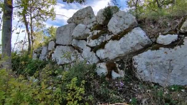 Castropignano, Molise, Italien 26. Oktober 2023: Überreste megalithischer Mauern aus dem 4. Jahrhundert v. Chr. im Bosco Carpineto unterhalb des Castello D 'Evoli - Filmmaterial, Video