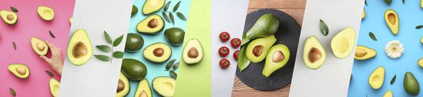 Set of fresh green avocados on color background, top view - Photo, Image