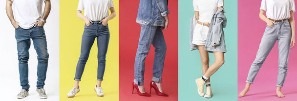 Collage of young man and woman in stylish jeans clothes on red background - Photo, Image