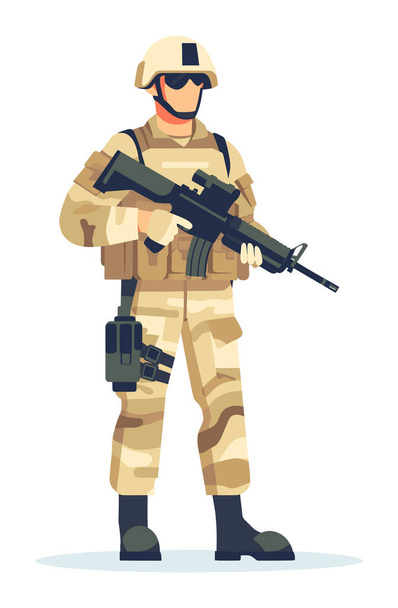 Katona álcázó egyenruha sisak tartja a puskát. Katonai szolgálat tagja, készenléti vektor illusztráció - Vektor, kép