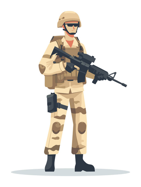 Katona sivatag álcázó felszerelés tartja a puskát, magabiztosan áll. Katonai személyzet védő sisak napszemüveg. Katonai erő fegyveres szolgálat vektor illusztráció - Vektor, kép