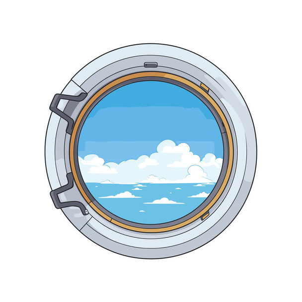 Vliegtuigvensterweergave die wolken blauwe lucht toont. Cartoon stijl patrijspoort serene lucht scène. Vectorillustratie van reisluchtvaartconcept - Vector, afbeelding