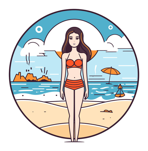 Nuori nainen oranssi bikinit seisoo rannalla meri, hiekka, sateenvarjo. Kesäloma naisten kauneutta. Rentouttava Oceanside loma vektori kuva - Vektori, kuva