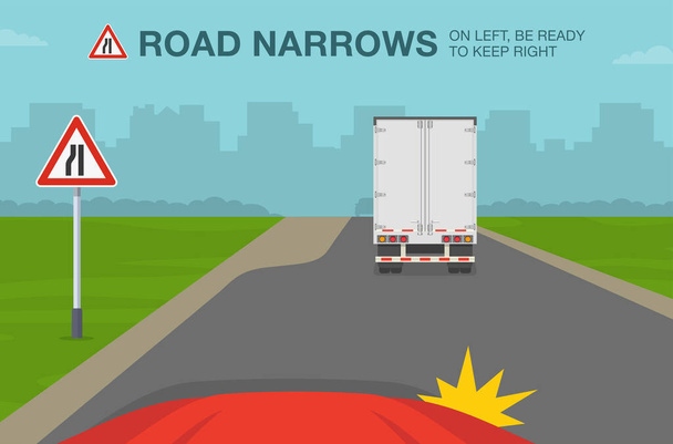 Safe driving tips and traffic regulation rules. Road narrows on left, keep right. Driver is about to change the lane moving right. Flat vector illustration template. - Vector, Image