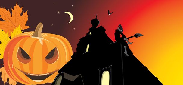 Abóbora e castelo noturno. Banner de Halloween
 - Vetor, Imagem
