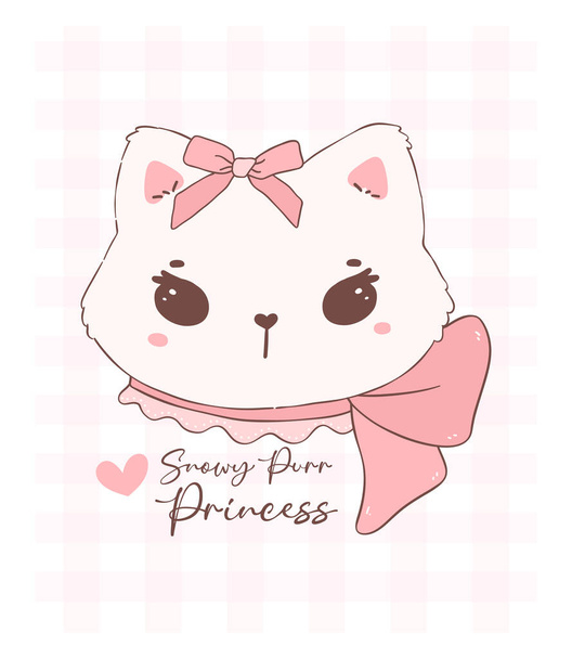 Cute coquette cat face with Valentine fluffy white kitten adorned with pink ribbon bow, adorable pet animal doodle illustration hand drawing. - Vector, Image