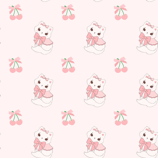 Bonito coquete gatos e cerejas adornados com fita rosa arco padrão sem costura isolado no fundo branco. - Vetor, Imagem