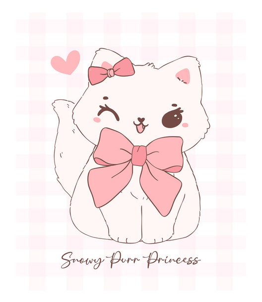 Gato coquete feliz bonito com gatinho branco fofo Valentine adornado com laço de fita rosa, adorável animal de estimação doodle ilustração mão desenho. - Vetor, Imagem