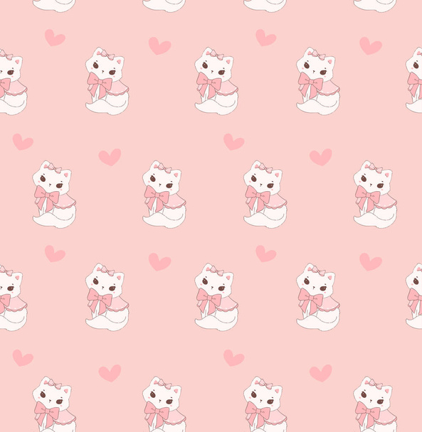 Χαριτωμένο coquette γάτα κοσμείται με ροζ κορδέλα τόξο μοτίβο αδιάλειπτη απομονώνονται σε ροζ φόντο. - Διάνυσμα, εικόνα