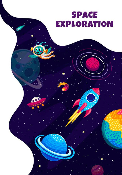 Plakat zur Erforschung des Weltraums. Cartoon-Rakete Raumschiff und Alien mit UFO zwischen Galaxien Planeten und Sternen. Netter außerirdischer Astronautenvektorcharakter im Fantasy-Raum mit Raumfahrzeugen, Feuerkometen und Planeten - Vektor, Bild