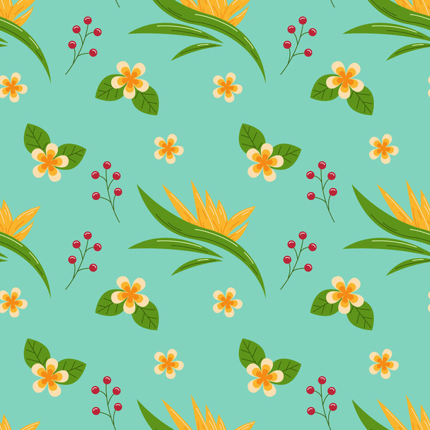 Tropical flowers and leaves on a blue background. Seamless pattern. Can be used for wallpaper, pattern fills, web page background, surface textures - Vector, Image