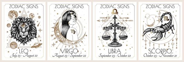  Serie vettoriale dei 4 secondi segni zodiacali. Oro su sfondo bianco. Leone, Vergine, Bilancia, Scorpione - Vettoriali, immagini