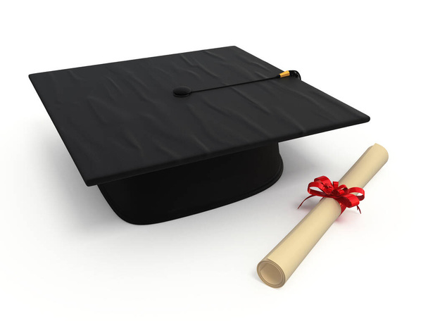 Graduation cap & Diploma render (isolated on white and clipping path) - Photo, Image
