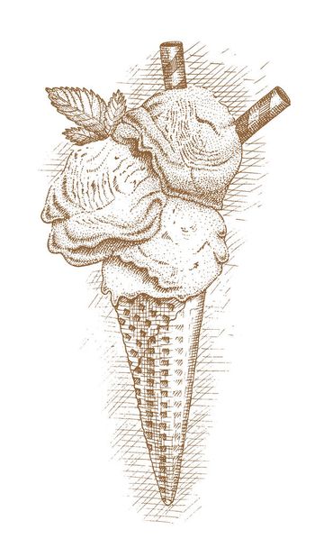 Морозиво у вафельному конусі вручну намальованому - Вектор, зображення