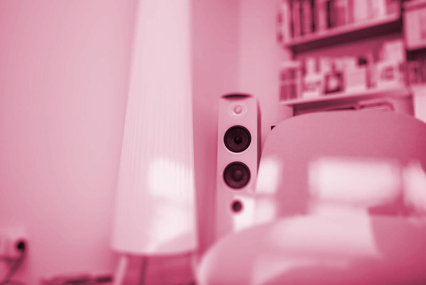 Een luxe woonkamer in zachte roze tinten, met grote luidsprekers en een elegante lampenkap. Een sfeer van verfijning en stijl - Foto, afbeelding