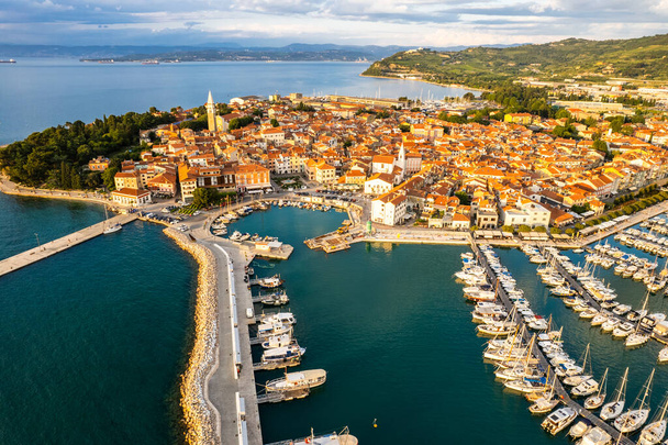 Izola townscape  on the Adriatic coast of the Istrian peninsula in Slovenia. Aerial drone view. - Photo, Image