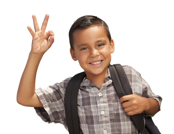 Happy Young Hispanic Boy Ready for School on White - Photo, Image