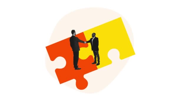 Yaratıcı stop hareketi. Modern animasyon. İki adam, iş adamları başarılı bir iş birliği anlaşması sayesinde el sıkışıyor. Birleşme, satın alma, müzakere, iletişim, toplantı, büyüme ve reklam kavramı - Video, Çekim