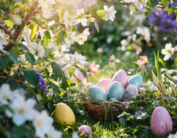 In this delightful Easter scene, vibrant eggs adorned in various hues create a kaleidoscope of colors, bringing the spirit of celebration to life. The sun bathes the scene in warm rays, casting a golden glow on the lush green grass below. The air is  - Photo, Image