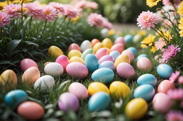 In this picturesque Easter tableau, a vibrant array of eggs painted in various hues adds a burst of color to the scene. The lush green grass serves as a welcoming canvas for these festive creations, creating a harmonious blend of nature and celebrati - Photo, Image