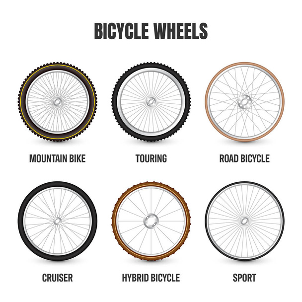 Realistic 3d retro bicycle wheels. Vintage bike rubber tyres, shiny metal spokes and rims. Fitness cycle, touring, sport, road and mountain bike. Vector illustration. - Vector, Image