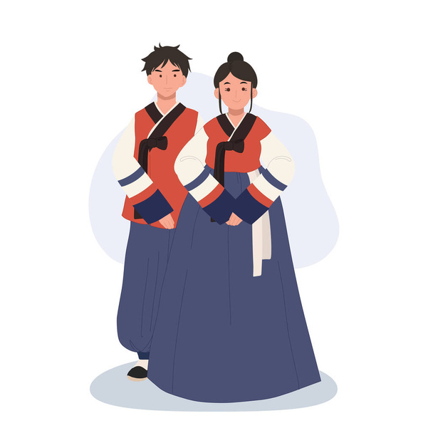 Modern Hanbok 'taki Gülen Çift Festivali' nde. Tatil ya da etkinlik için Kore takımında gülümseyen kadın ve erkek.. - Vektör, Görsel