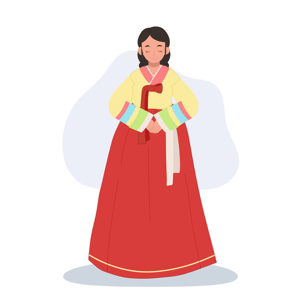 Neşeli Hanbok selamı. Kore Hanbok 'unda gülümseyen Asyalı kadın Neşe ve kibarlıkla selamlıyor - Vektör, Görsel