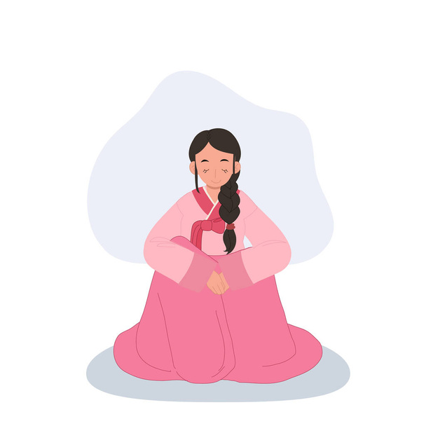 Respektvolle Geste. Junge Frau im koreanischen Hanbok, die Tradition umarmt. Traditioneller Gruß - Vektor, Bild