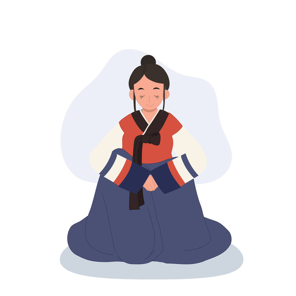 Saygılı bir jest. Kore Hanbok 'ta, Geleneği Kucaklayan Genç Kadın. Geleneksel Selamlama - Vektör, Görsel