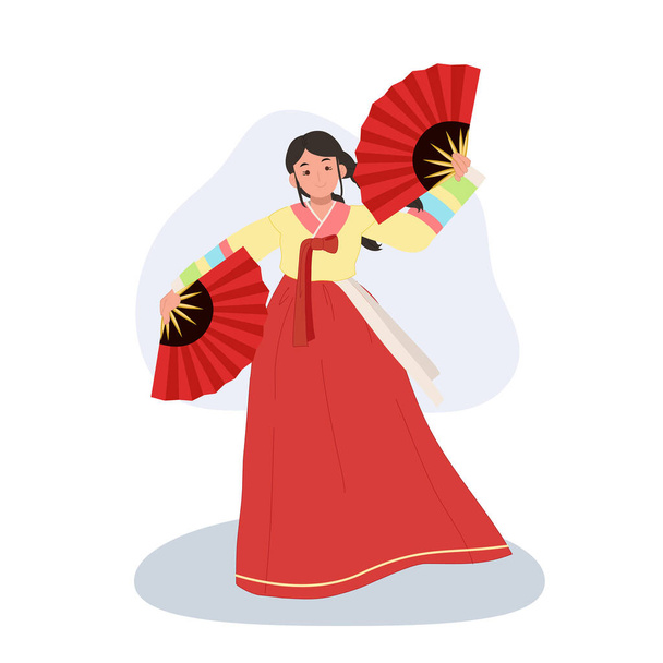 Hanbok 'ta Koreli Kadın Geleneksel Hayran Dansı Yapıyor.  - Vektör, Görsel
