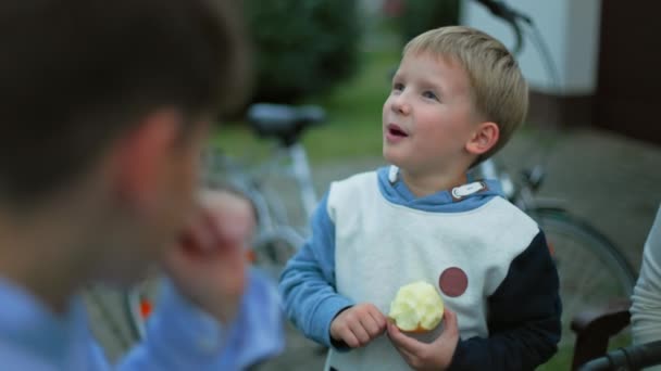 портрет милої дитини-чоловіка, що їсть стигле соковите яблуко, відпочиваючи з сім'єю на відкритому повітрі - Кадри, відео