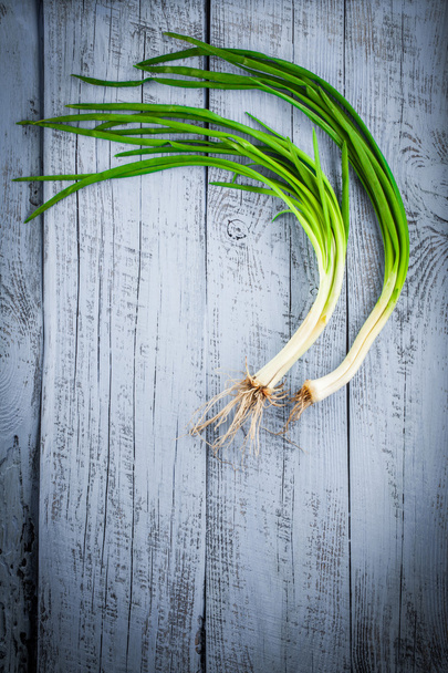 Spring onions over blue wooden table - Foto, Bild