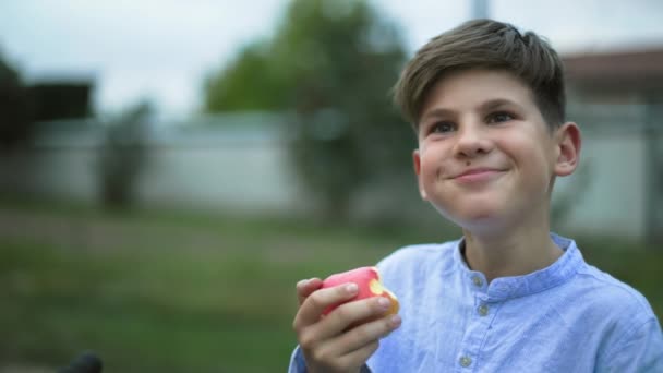 comida takeaway saudável, menino bonito feliz felizmente come uma maçã madura suculenta durante a caminhada da família fora da cidade - Filmagem, Vídeo