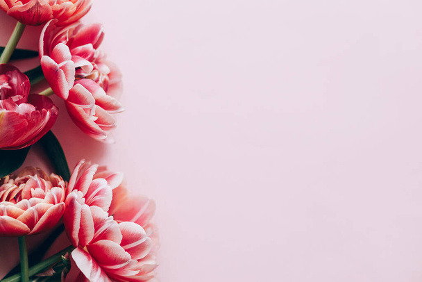 Moderne Tulpen lagen flach auf rosa Hintergrund. Alles Gute zum Valentinstag und zum Muttertag. Stilvoll schöne florale Bordüre mit Platz für Text. Zarte rote und rosa Blumen Banner - Foto, Bild