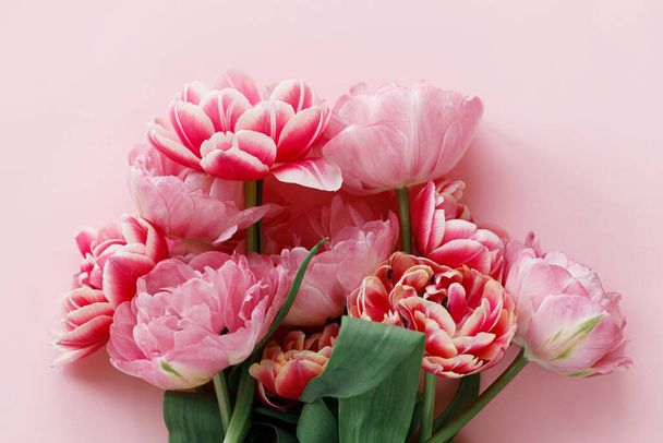 Piękne tulipany płaskie leżały na różowym tle. Stylowa kompozycja kwiatowa. Szczęśliwych Walentynek i szczęśliwych dni matki. Przetarg różowe i czerwone kwiaty tapety - Zdjęcie, obraz