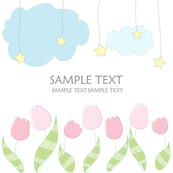 Cute vector baby background with stars, clouds and tulips - Vector, Image
