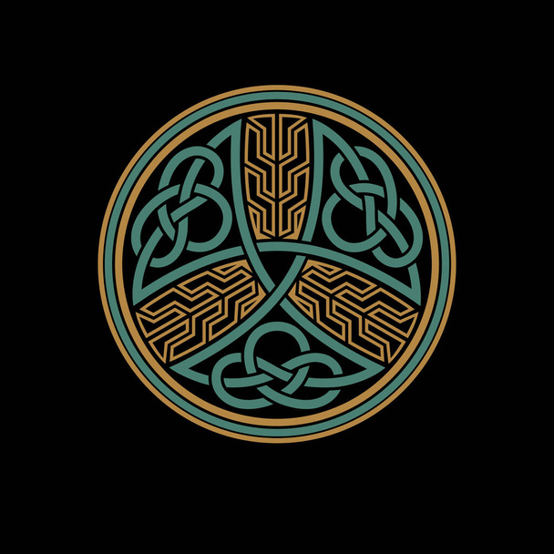Keltisch-skandinavisches Design. Runde Flechtmuster im altehrwürdigen keltischen Stil, isoliert auf Schwarz, Vektorillustration - Vektor, Bild