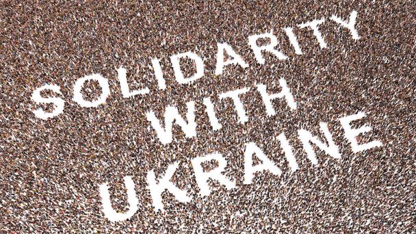 Käsitteellinen suuri yhteisö ihmisistä, jotka muodostavat SOLIDARITY with UKRAINE viestin. 3d kuva metafora solidaarisuus, yhteistyö, myötätunto, ystävällisyys, yhtenäisyys, inspiroiva, epäitsekkyys, auttaa - Valokuva, kuva