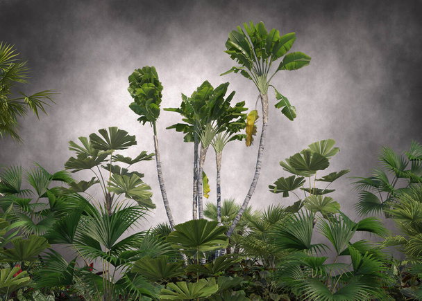 Árboles tropicales y hojas de diseño de papel pintado, efecto pintura al óleo - Foto, Imagen