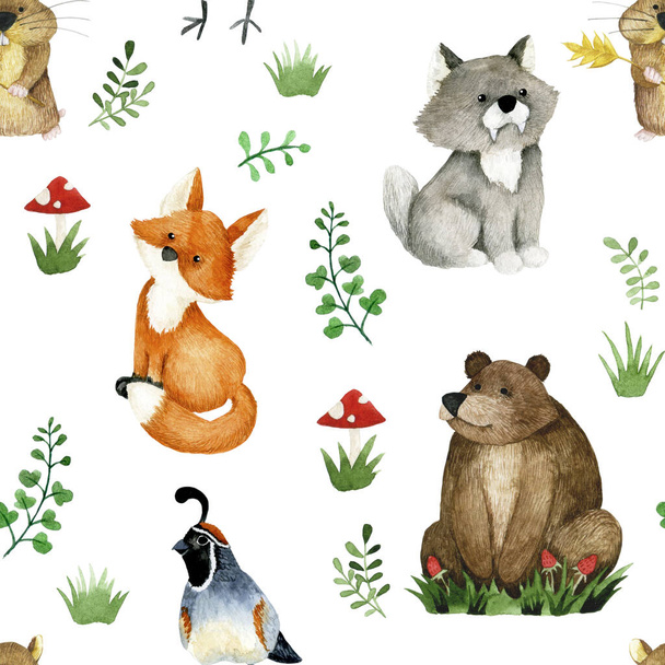 Niedliche nahtlose Muster mit Waldtieren. Aquarelldruck von realistischen Tieren für Kinder. Bär, Wolf, Fuchs, Hamster - Foto, Bild