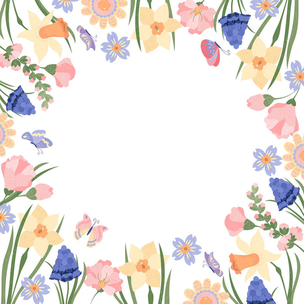Рука намальована плоска весняна рамка з квітучими квітами - Фото, зображення