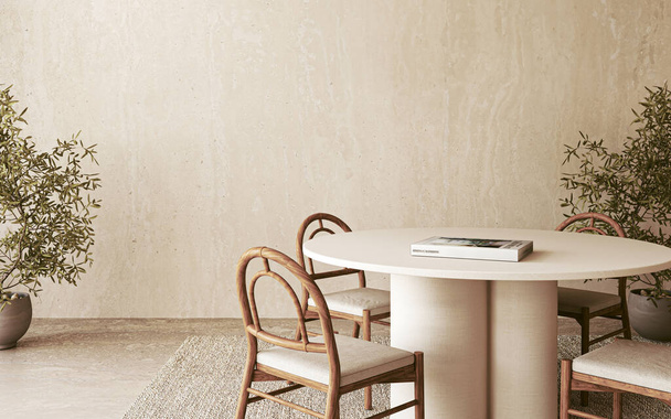 Egy minimalista étkező, amelyet egy fehér szobrászati függőlámpa világít meg egy kerek asztal fölött, fából készült székekkel és növényzettel körülvéve. - Fotó, kép