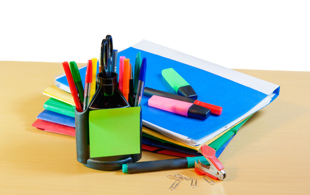 Group of multicolored office folders, glasses and office supplie - Photo, Image