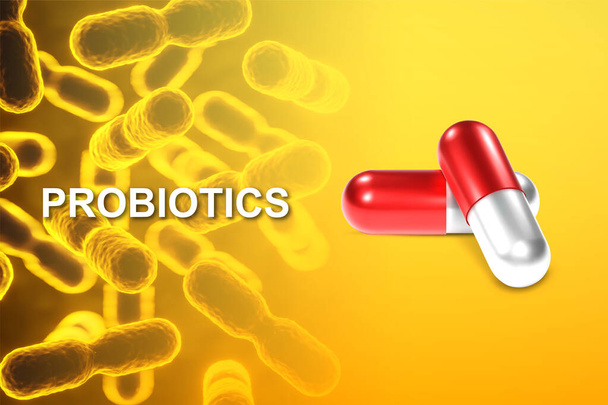Productos probióticos. Concepto - Píldoras con contenido de probióticos. 3d-renderizado - Foto, imagen