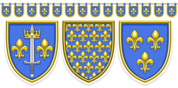 Vector Fleur de Lis Shields, vízszintes banner készlet elszigetelt illusztrációk fajta kék címer sárga fleur de lis virágzik és dekoratív varrat nélküli bütykölés fehér háttér - Vektor, kép