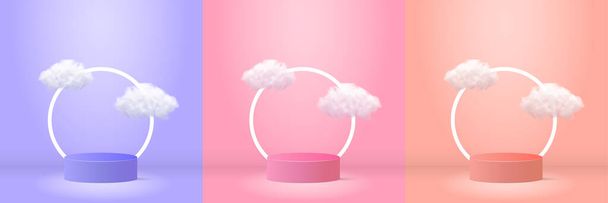 3D-Anzeige Produkt abstrakte minimale Szene gesetzt. Abstrakte geometrische Plattformen mit realistischen Wolken. 3D-Rendering geometrische Form rosa Pastell Podium. Vektorillustration - Vektor, Bild