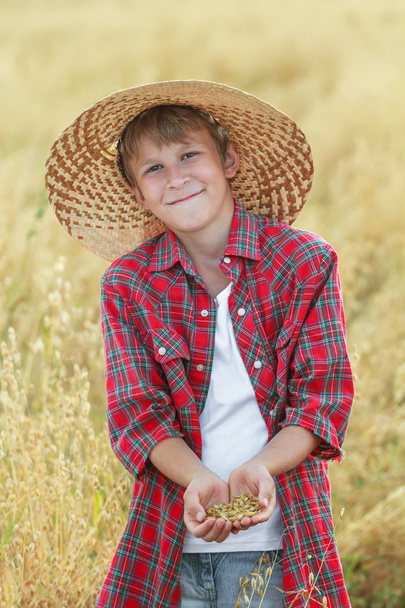 Mosolygó farm tizenéves fiú portré ellenőrzi, zab vetőmag tölcséres tenyerét a betakarítási idő mező - Fotó, kép