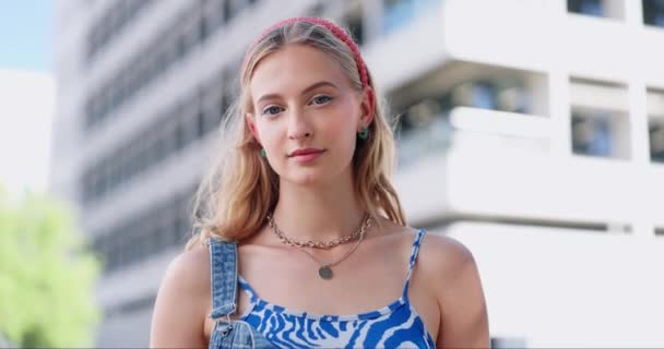 Fashion, happy and face of woman in city with trendy clothes, modern style and cool outfit in street. Travel, confidence and portrait of young person with pride, cosmetics and makeup in urban town. - Footage, Video