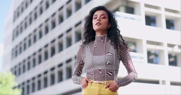 Fashion, confidence and face of woman in city with trendy clothes, modern style and cool outfit. Weekend, gen z model and portrait of young person with pride, cosmetics and makeup in urban town. - Footage, Video